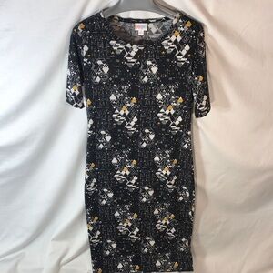 LuLaRoe Black Geometric Midi Dress with White and Yellow Accents